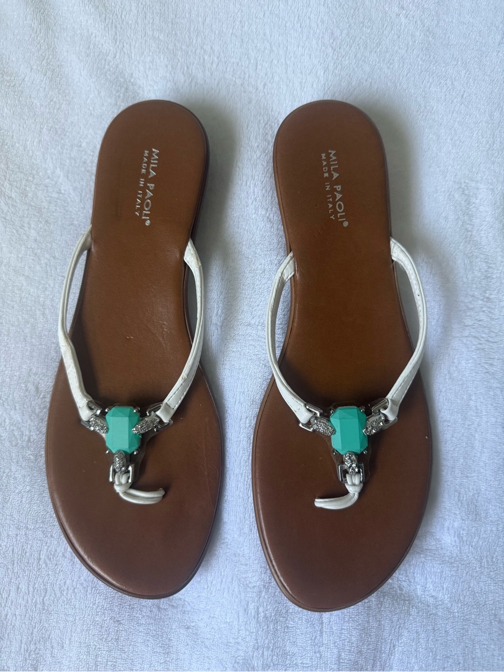 Mila Paoli White Leather Sandals with Turquoise Gem